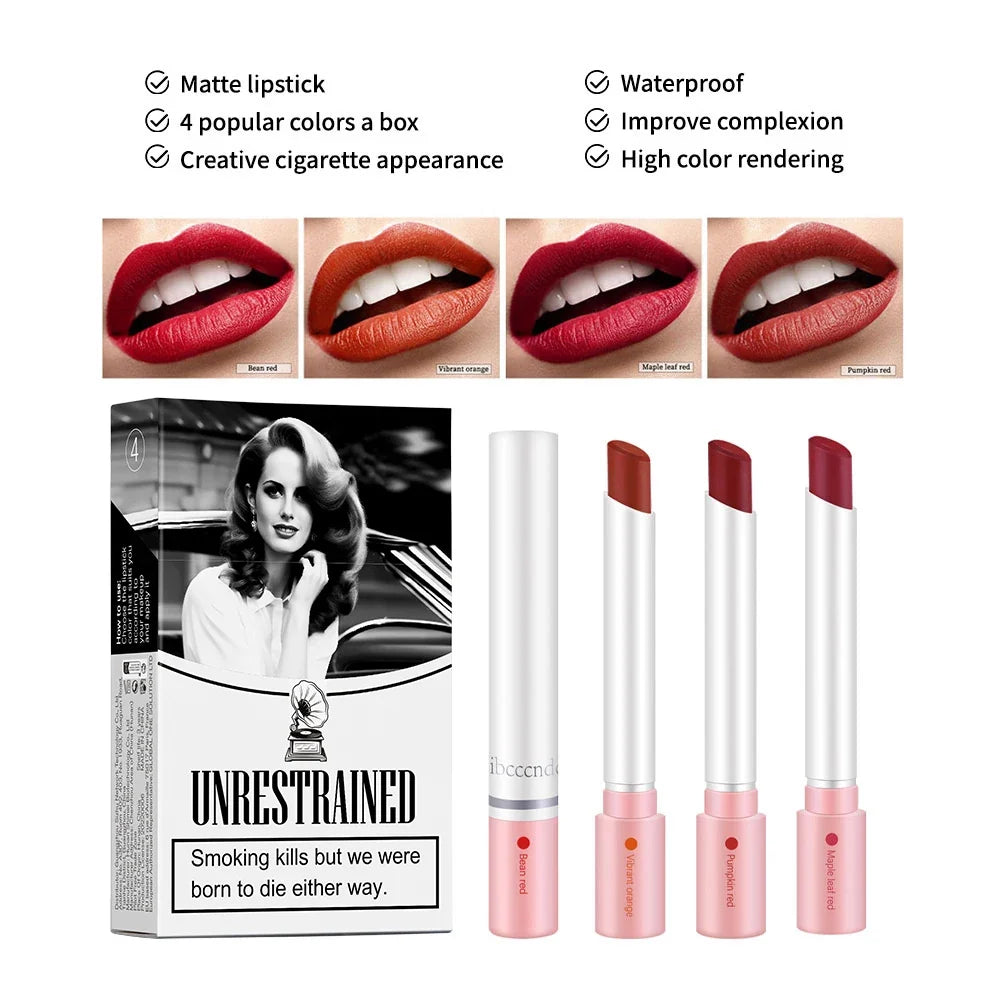 4Colors/set Cigarette Lip Gloss Set Velvet Matte Waterproof Long-lasting Lip Non-Stick Cup Cigarette Lipstick Makeup For Women
