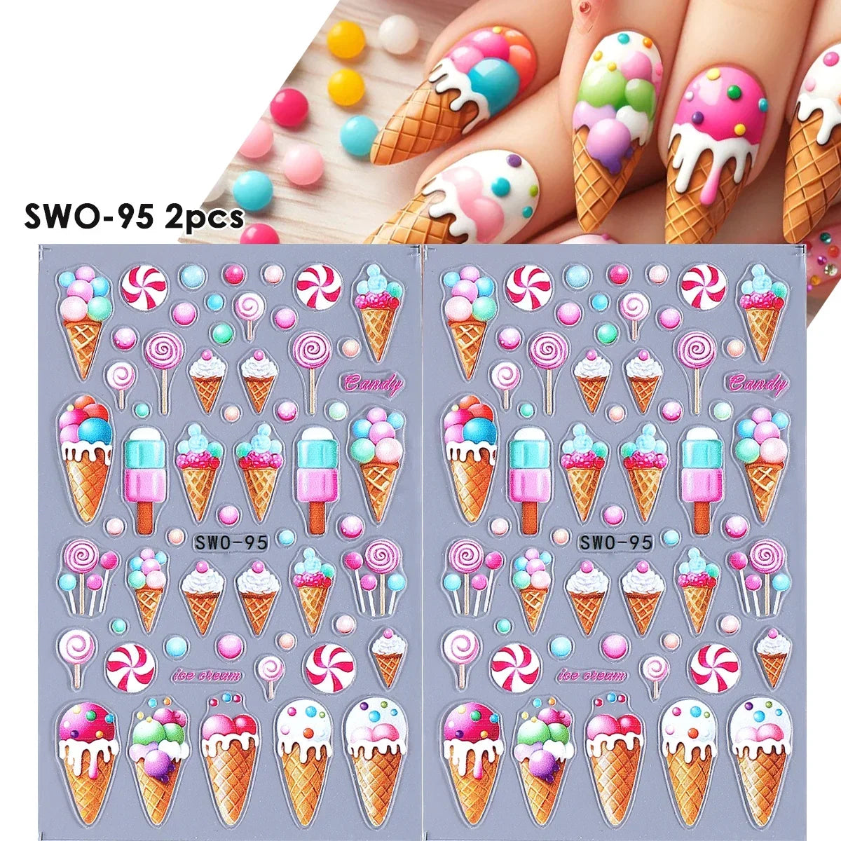 2pcs Sweet Element Nail Art Stickers Simple Flower Heart Cherry Strawberry Kawaii Decals Colorful Bow Butterfly Manicure Sliders