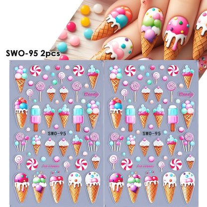 2pcs Sweet Element Nail Art Stickers Simple Flower Heart Cherry Strawberry Kawaii Decals Colorful Bow Butterfly Manicure Sliders