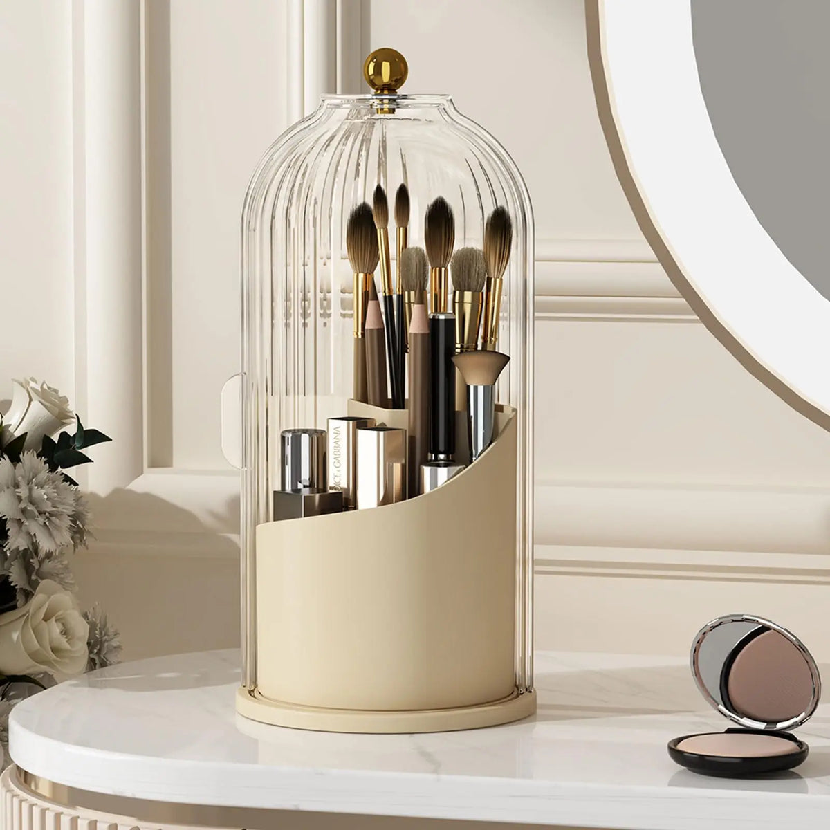 YOOLENS Makeup Brush Holder Organizer with Lid,360 Rotating Clear Dustproof Makeup Brushes Organizer for Vanity Desktop Bathroom