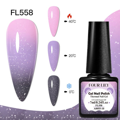 FOUR LILY 7ml Thermal Nail Gel Polish 3 Colors Changing Semi Permanent Soak Off UV/LED Nail Supplies Gel for Manicure Design