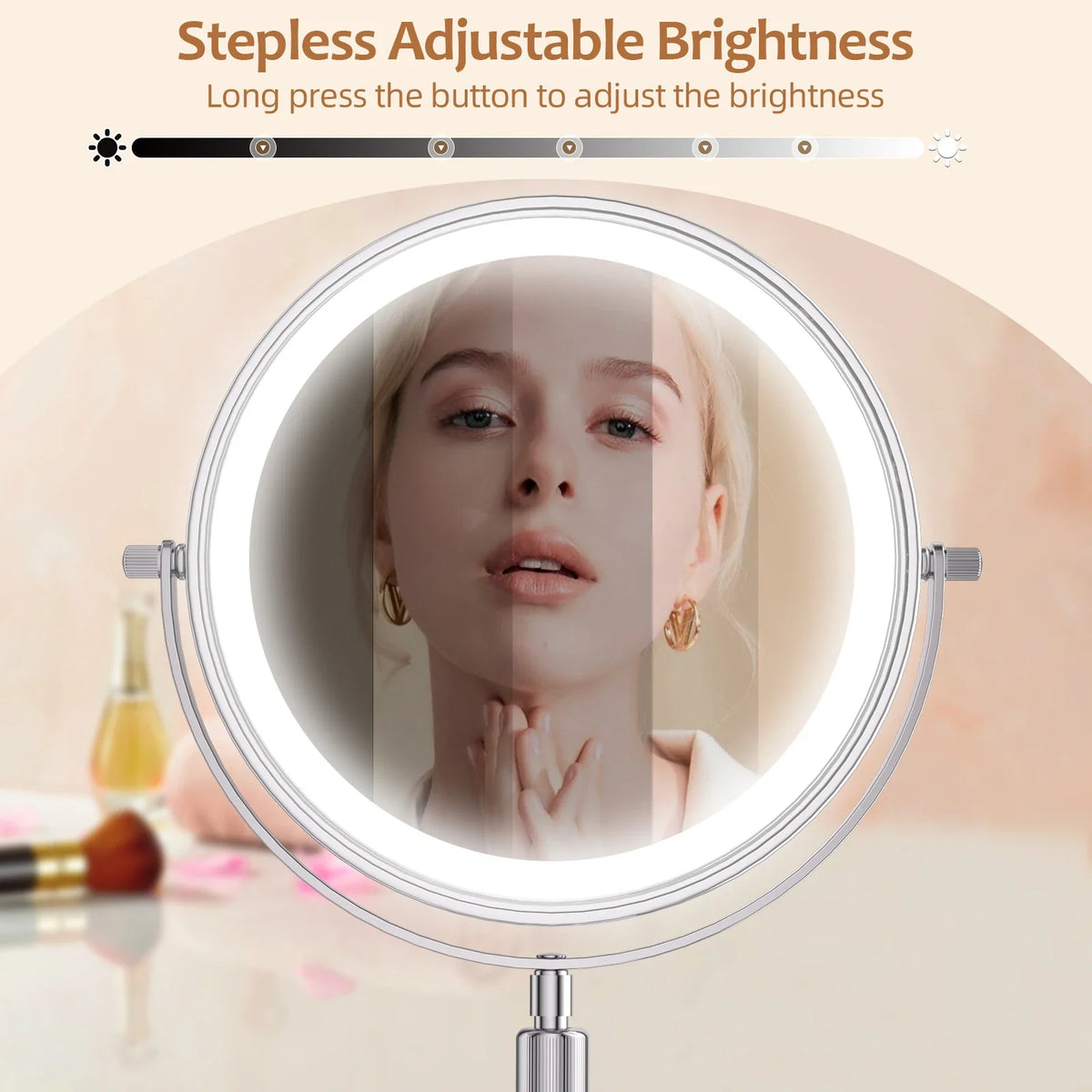 8 Inch Makeup Mirror With Light Lamp 10X Magnification 3 Color Lights,Adjustable Brightness Height Standing Cosmetic Mirror