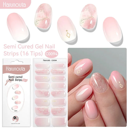 Harunouta 16strips Gradient Red Marble Gold Line Semi Cured Gel Nail Strips DIY Gel Polish Stickers for Nails Work with UV/LED