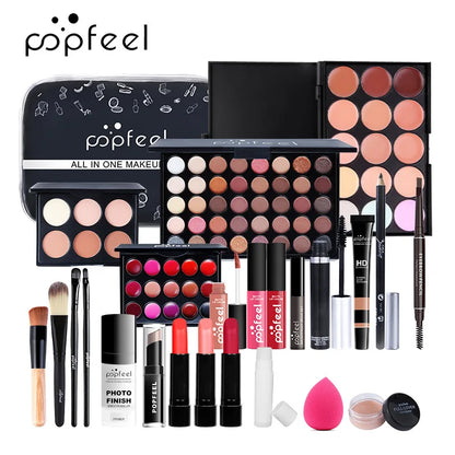 All in One Makeup Kit Gift Set with Eyeshadow Palette Foundation Lip Gloss Blush Brushes Eyeline Mixed Color Paste Long lasting