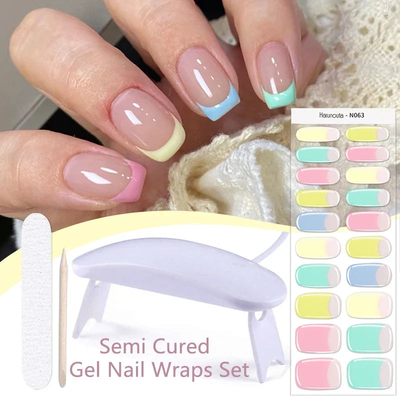 Harunouta 4pcs/set Gradient Jelly Semi Cured Gel Nail Strips with Nail Lamp Nude Pink Waterproof Nail Stickers Long Lasting Wrap