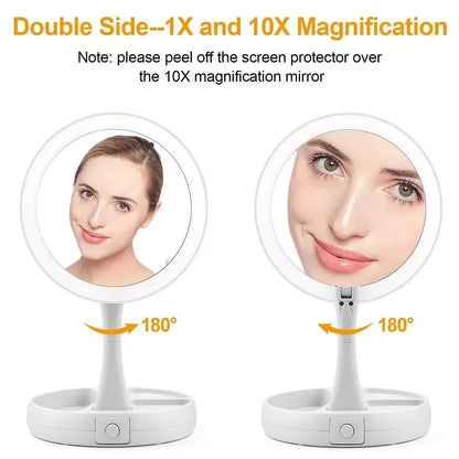 Compact Vanity Travel LED Makeup Mirror with 10X Magnification Double Sided Folding Portable Cosmetic Mirror with Lights
