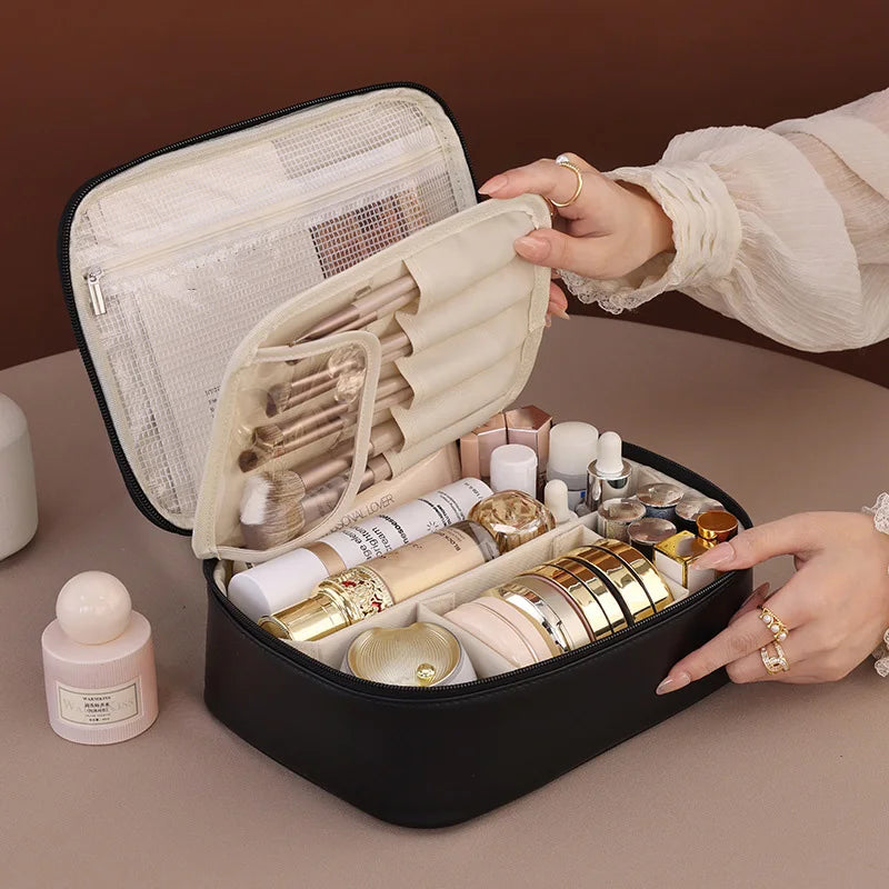 Wholesale PU Large Capacity Tote Makeup Bag Travel Organizer Tolietry Cosmetic Storage Bag Luxury Women Double Layer Pouch