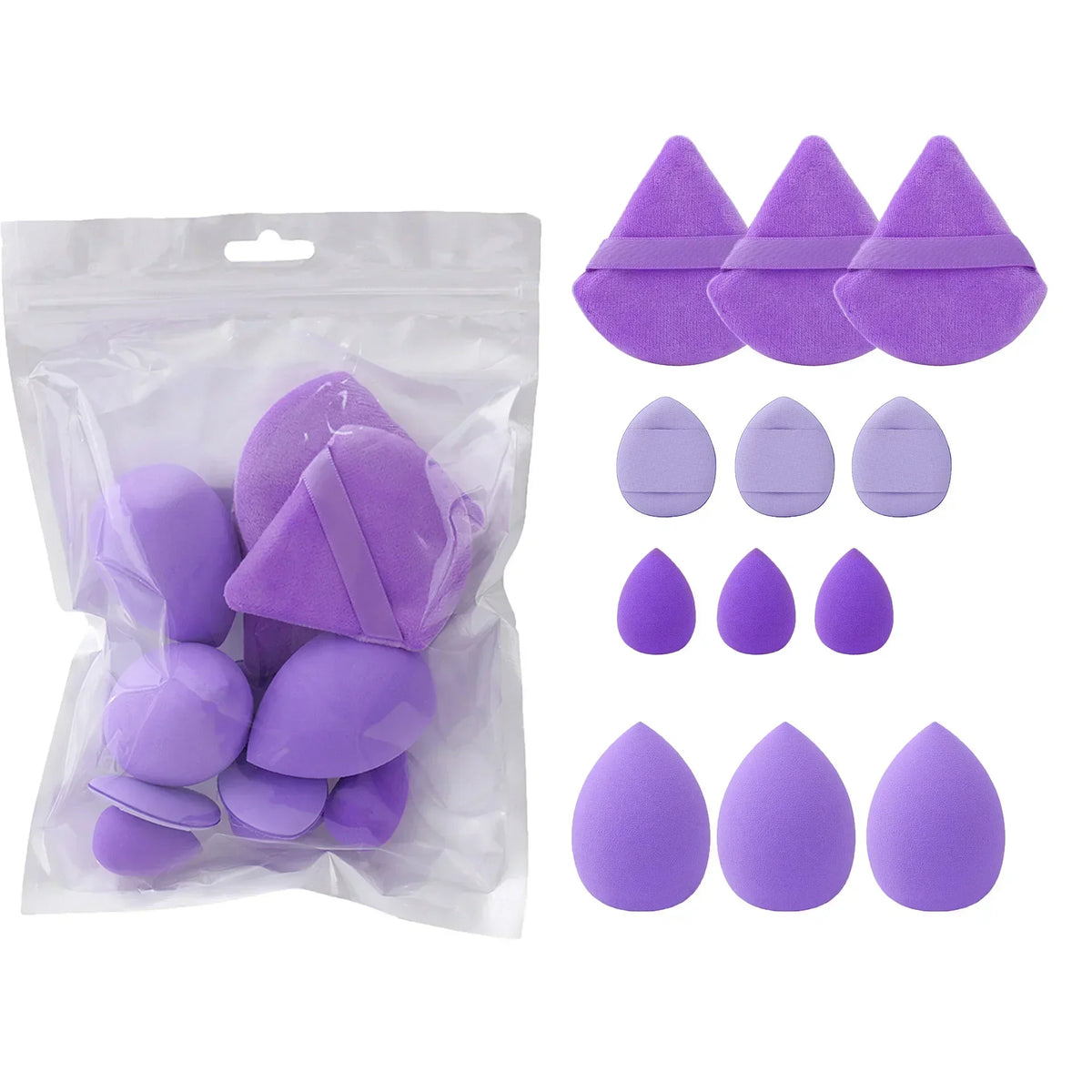12-Piece All-Purpose Makeup Sponge Set, Made of 3 loose Powder Puffs, 3 Mini Air Cushion Puffs, 3 Beauty Eggs and 3Mini Beauty