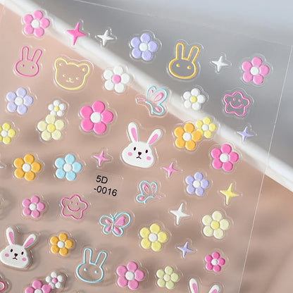 1Pcs 5D Lovely Panda Nail Stickers Cartoon Rabbit/Flower/Animal Self Adhesive Nail Art Decals Y2K Manicure Decorations Sliders *