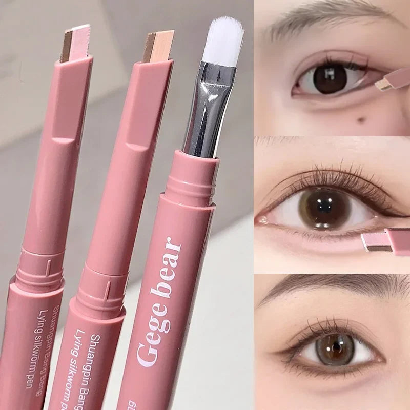 Double Ended Lying Silkworm Pencil 2 in1 Highlighter Nude Lower Eyelid Contour Aegyo-sal Eyeliner Makeup Stick with Detail Brush