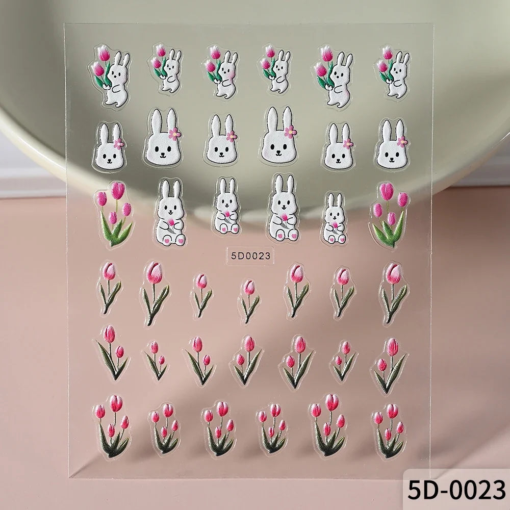 1Pcs 5D Lovely Panda Nail Stickers Cartoon Rabbit/Flower/Animal Self Adhesive Nail Art Decals Y2K Manicure Decorations Sliders *