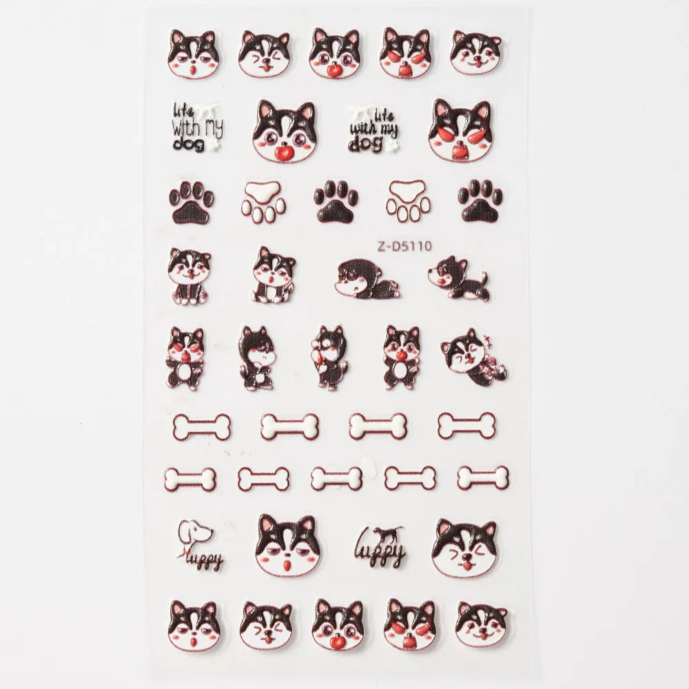 Lovely Cat Nail Decals 3D Animal Cartoon Dog Scrawl Relief Self Adhesive Nail Art Stickers Cute Puppy Kitty Y2K Nails Decoration