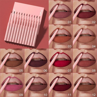 Matte Lip Liner Pencil Set 12 Colors Lip Contour Lipstick Waterproof Non-transfer Highly Pigmented Nude-pink Daily&Party Makeup