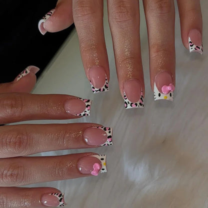 24 Medium Square Nail Pink French Cute Cartoon Cat White Love Camellia Nail Patch Jelly Powder Bow Wear Nail Set