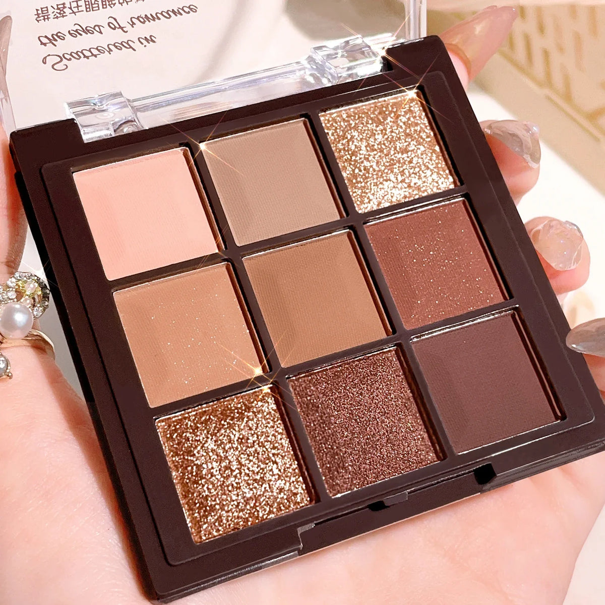 Mocha Chocolate Eyeshadow Palette - 9 brown, nude and gold shades in matte, natural and shimmer finishes, perfect for music fest