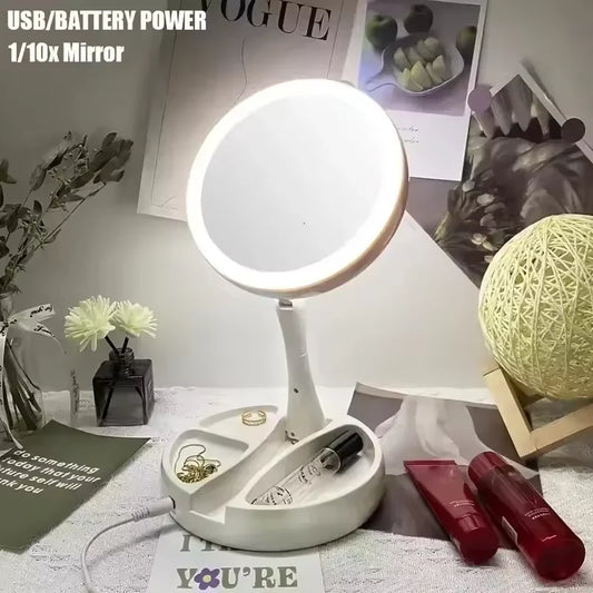 1X 10x Magnifying Vanity Mirror with LED Lighted Flexible Foldable Desk Makeup Mirror Lighting Dressing Makeup Lamp