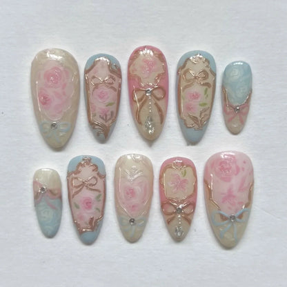 24pcs Sweet False Nail Patches Detachable Fake Nail Tips With Bowknots Love Heart Pearl Design Pink Almond Korean Press On Nail