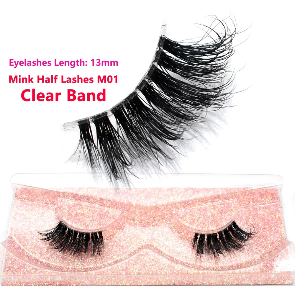 3D Mink Fluffy Half False Eyelashes Natural Soft Lightweight Clear Band Half Eye Strip Lashes Reusable Short Eyelashes Extension