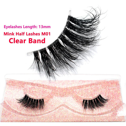 3D Mink Fluffy Half False Eyelashes Natural Soft Lightweight Clear Band Half Eye Strip Lashes Reusable Short Eyelashes Extension
