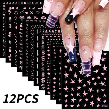 12pcs Bronzing Laser Star Nail Stickers 3D Alphabet/Heart/Flower Nail Art Self-Adhesive Sliders DIY Gradient Manicure Y2K Decals