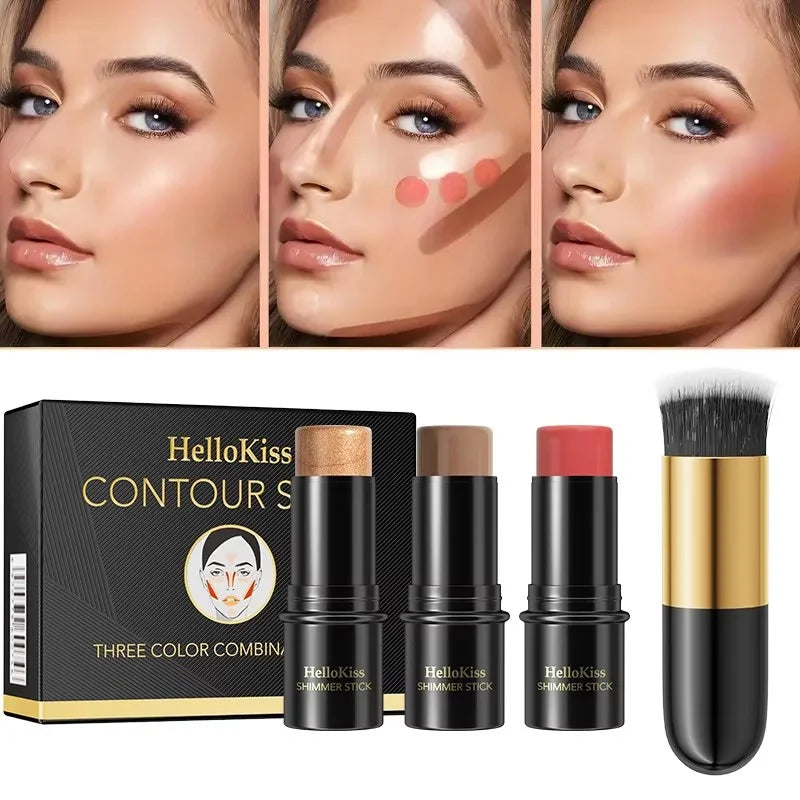 1 Set of 3 Contour Sticks, Highlighter Stick, Blush Stick, 3-Piece Cream Contour Set Including Contour Brush, Creates Facial Contours, Non-Greasy