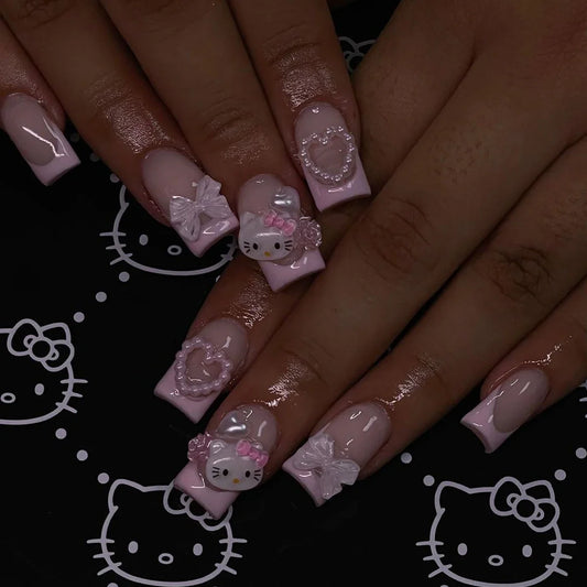 24 Medium Square Nail Pink French Cute Cartoon Cat White Love Camellia Nail Patch Jelly Powder Bow Wear Nail Set