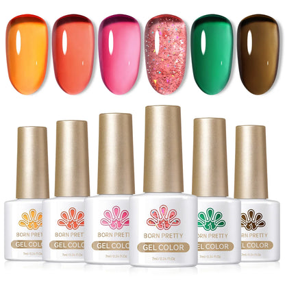 BORN PRETTY 6pcs Crystal Amber Gel Nail Polish Set Jelly Pink Nude Winter Semi Permanent Soak Off UV LED Varnish Manicure Kits