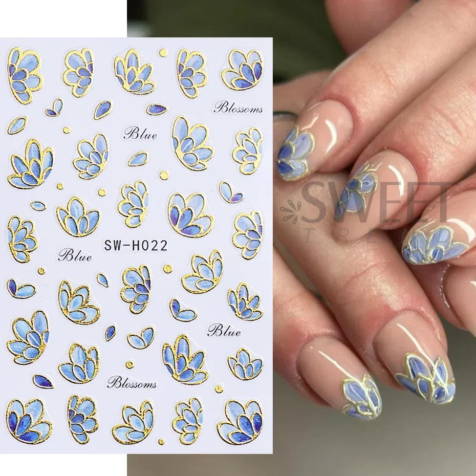 5pcs Metallic Gold Line Flower Nail Stickers 3D Bronzing Border Petals Sakura Leaf Nail Decals Slider DIY Elegant Manicure Decor