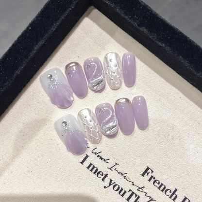 Handmade Press on Nails Blue Aurora Mermaid Fake Nail Patches Wearable Detachable French Pearl Almond False Nail Tips 10pcs