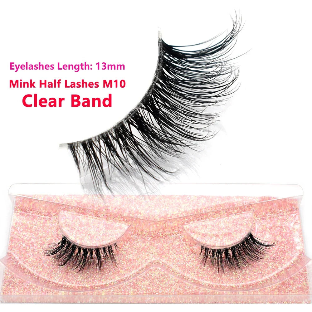 3D Mink Fluffy Half False Eyelashes Natural Soft Lightweight Clear Band Half Eye Strip Lashes Reusable Short Eyelashes Extension