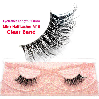 3D Mink Fluffy Half False Eyelashes Natural Soft Lightweight Clear Band Half Eye Strip Lashes Reusable Short Eyelashes Extension