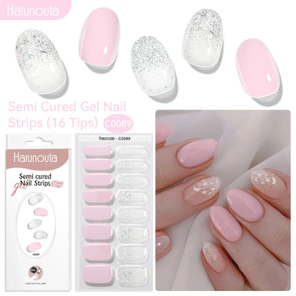 Harunouta 16strips Gradient Red Marble Gold Line Semi Cured Gel Nail Strips DIY Gel Polish Stickers for Nails Work with UV/LED