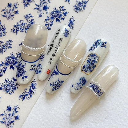 Blue White Porcelain Chinese Style Sticker 3D Self Adhesive Nail Art Sticker Flower Silverback Adhesive Manicure Decal Salon DIY