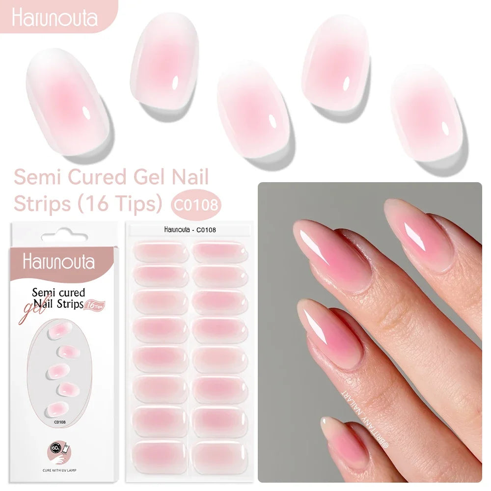 Harunouta 16strips Gradient Red Marble Gold Line Semi Cured Gel Nail Strips DIY Gel Polish Stickers for Nails Work with UV/LED