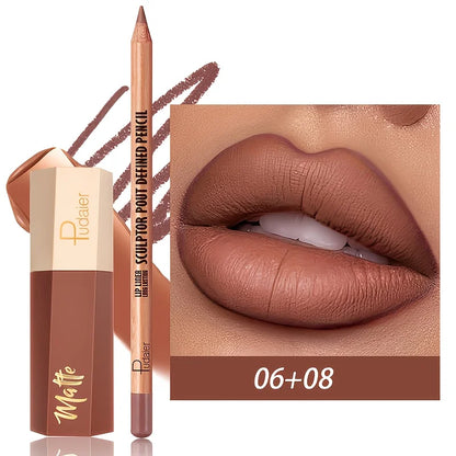 1set Matte lip gloss and lip liner pen set, long-lasting, waterproof, not easy to smudge, velvet texture