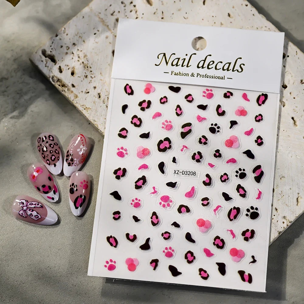5D Pink Leopard Print Nail Art Stickers 8x10cm Pink/Black/Brown Leopard Nail Decal DIY Manicure Adhesived Leopard Slider