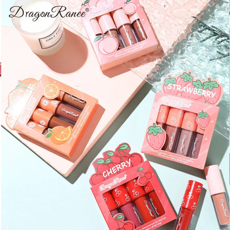 Mini Velvet Matte Lip Gloss Set, 3pc/4pcs Non-Fading, Non-Stick Cup, Long-Lasting Fruit Scented Lip Tint, Smooth and Lightweight