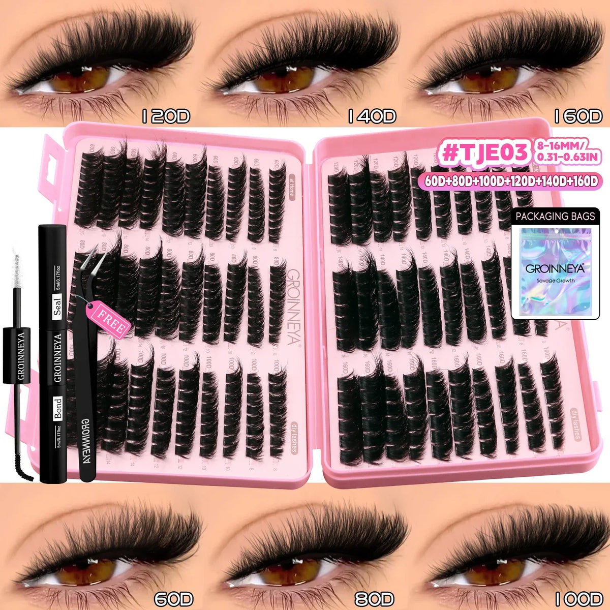 GROINNEYA Lash Clusters Kit Cat Lashes with Lash Bond & Seal Wispy Cluster Eyelash Clusters Kit DIY Eyelash Extensions at Home