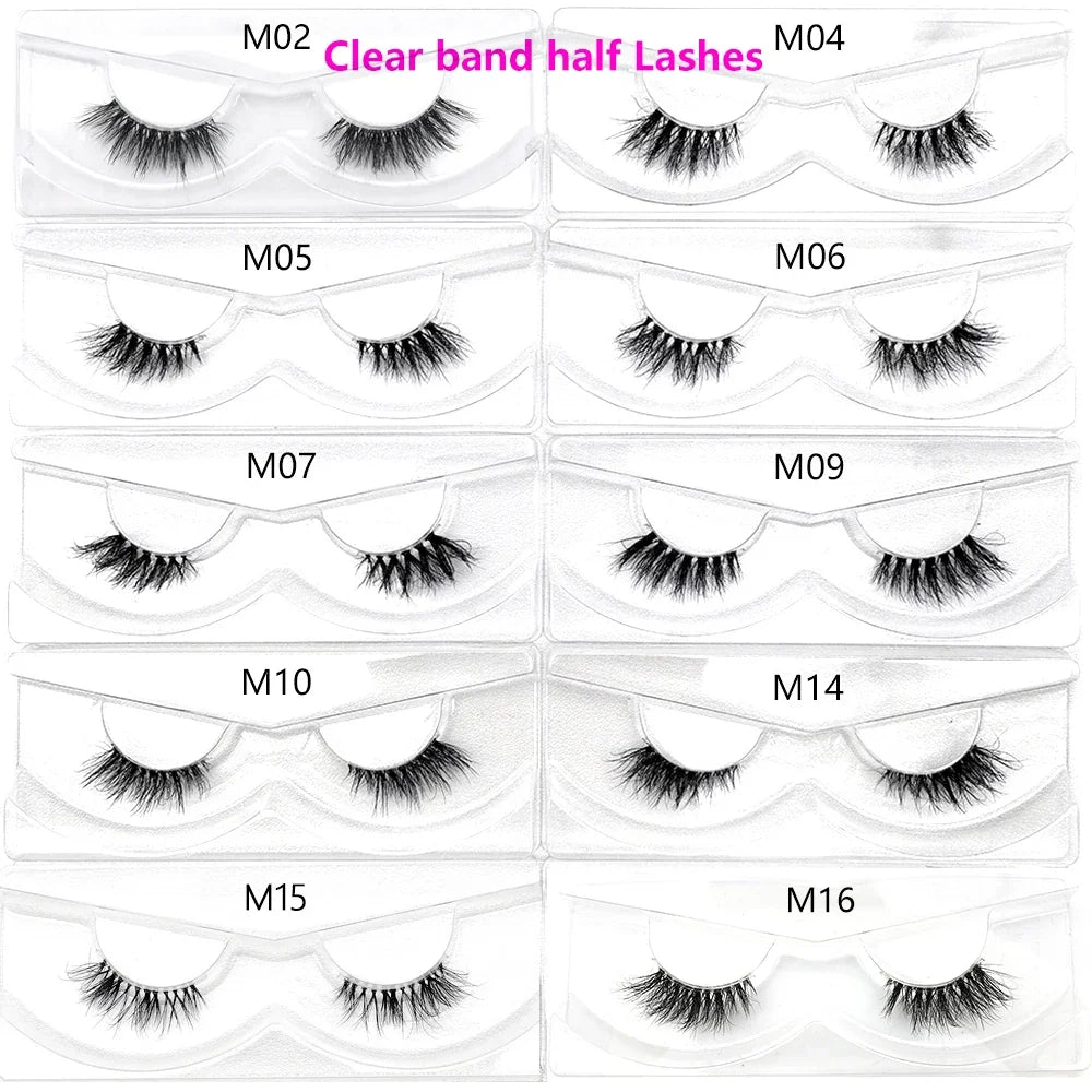 3D Mink Fluffy Half False Eyelashes Natural Soft Lightweight Clear Band Half Eye Strip Lashes Reusable Short Eyelashes Extension