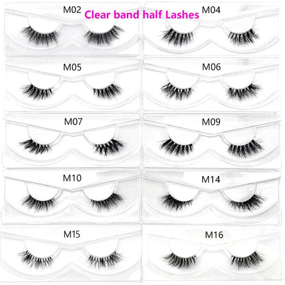 3D Mink Fluffy Half False Eyelashes Natural Soft Lightweight Clear Band Half Eye Strip Lashes Reusable Short Eyelashes Extension