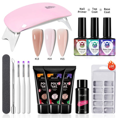 3pcs 15ml Poly Nail Gel Full Set For Extention Gel Polish Steal Push, Base And Top Coat, Cleaning Water And Nail Mold Kit Set