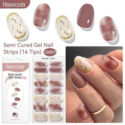 Harunouta 16strips Gradient Red Marble Gold Line Semi Cured Gel Nail Strips DIY Gel Polish Stickers for Nails Work with UV/LED