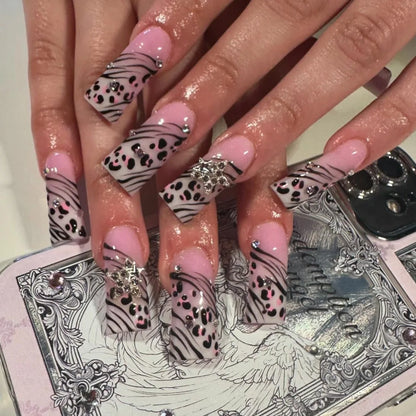 Black Leopard Print Light Yellow French Red Flowers Fake Nails Fashion Detachable Finished False Nails Press on Nails with Glue