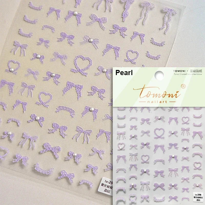 French Leopard Print Bowknot Lace Ribbon Rhinestone Pearl Bow Tie Simple White Black Nail Art Stickers Decoration Manicure Decal