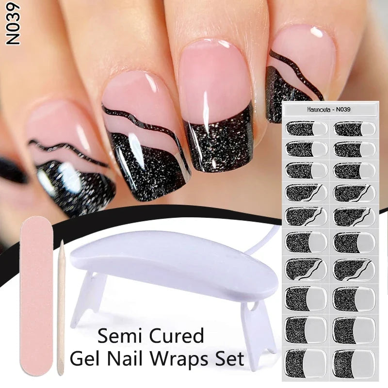 Harunouta 4pcs/set Gradient Jelly Semi Cured Gel Nail Strips with Nail Lamp Nude Pink Waterproof Nail Stickers Long Lasting Wrap