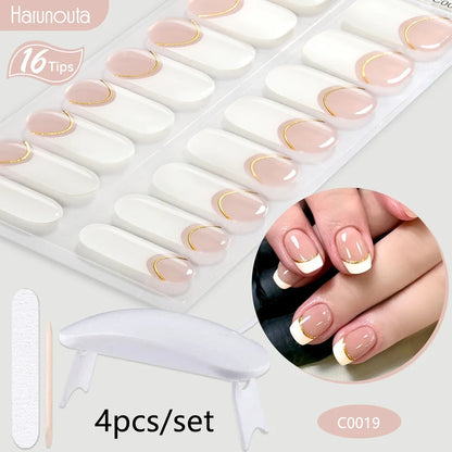 Harunouta 4pcs/set Gradient Jelly Semi Cured Gel Nail Strips with Nail Lamp Nude Pink Waterproof Nail Stickers Long Lasting Wrap