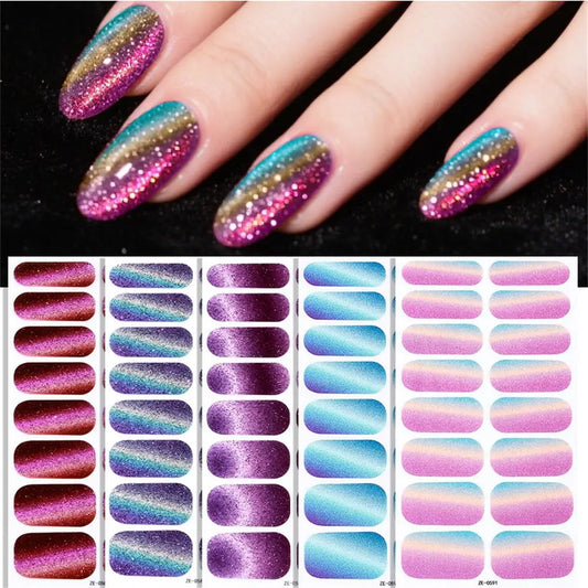 Gradient Cat Eye Style Nail Art Stickers, 16-Piece Set Self-Adhesive Waterproof Glitter False Nail Decals