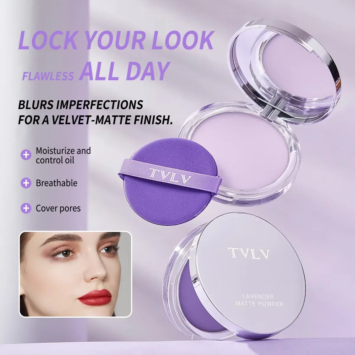 Lavender Pressed Powder Matte Powder Lasting Oil Control Full Coverage Face Compact Setting Powder Makeup Foundation Cosmetics