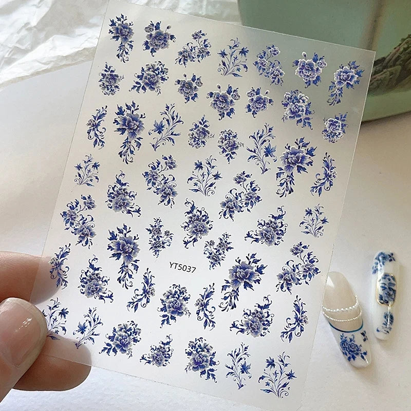 Blue White Porcelain Chinese Style Sticker 3D Self Adhesive Nail Art Sticker Flower Silverback Adhesive Manicure Decal Salon DIY