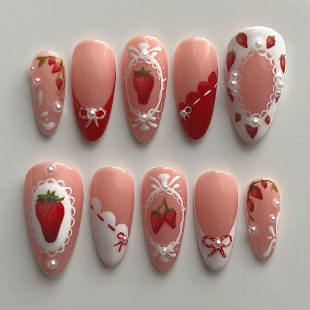 24PCS Wine Red Almond Press on Nails Cartoon Rabbit Bowknot with Plaid Pearl Designs French Fake Nails for Girls Detachable Nail